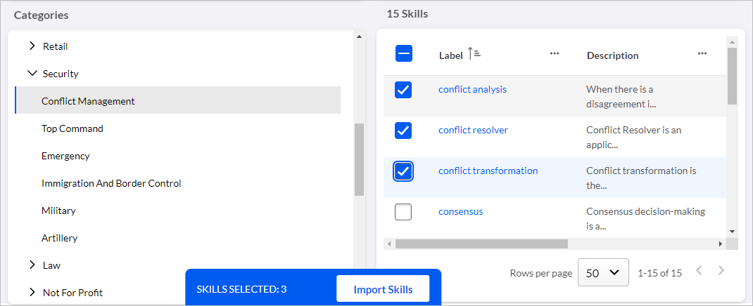 Selected skills in a category